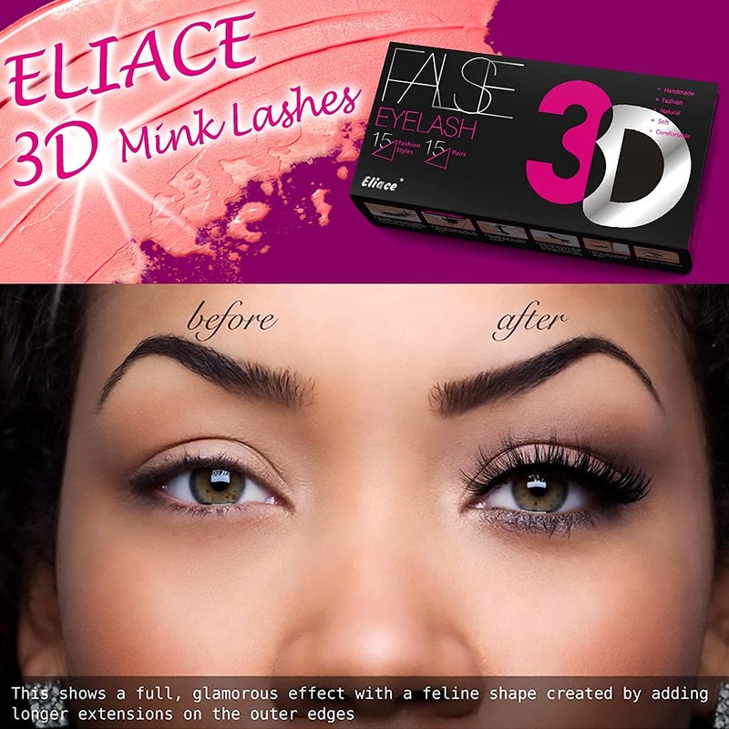 Eliace 3D Mink Lashes Natural Look 15 Mixed Styles 15 Pairs Fake Eyelashes Bulk Pack Handmade Luxurious Volume Fluffy Natural False Eyelashes Comfortable and Soft Strip False lashes for Women - Image 3